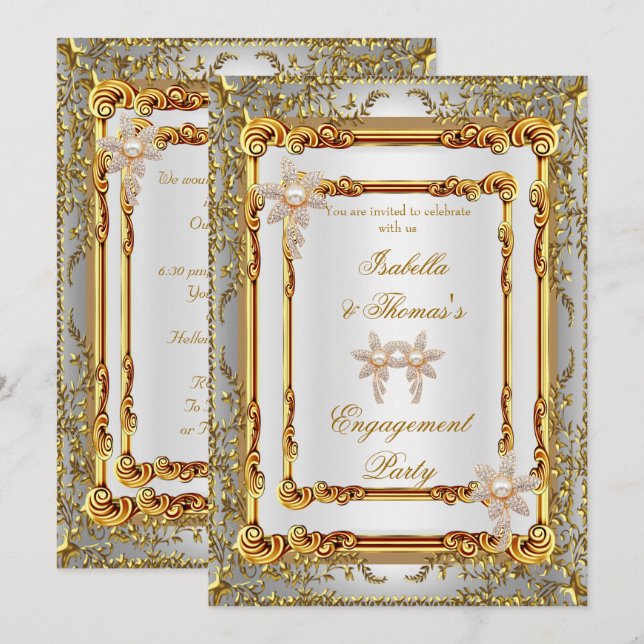 Engagement Party Gold White Damask Flowers Invitation (Front/Back)