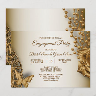Engagement Party Golden Floral Butterfly Vintage Invitation