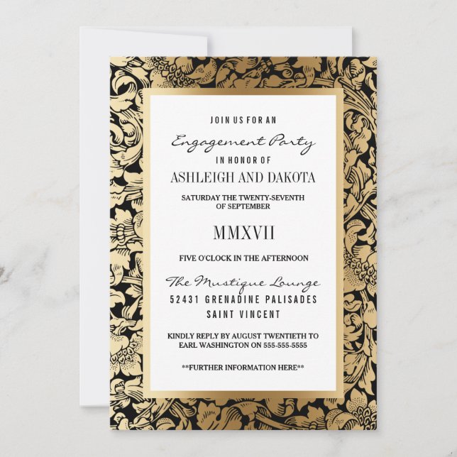 Engagement Party | Golden Floral Damask on Black Invitation (Front)