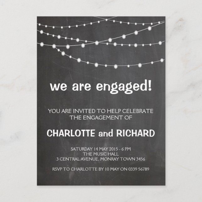 Engagement party invitation chalkboard and lights (Front)