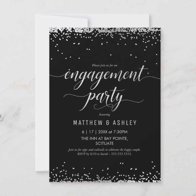 Engagement Party Invitation, Elegant Silver, Black Invitation (Front)