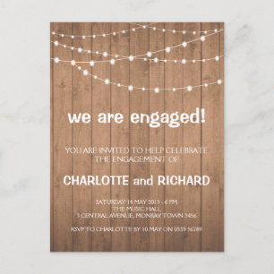 Engagement party invitation wood and string lights