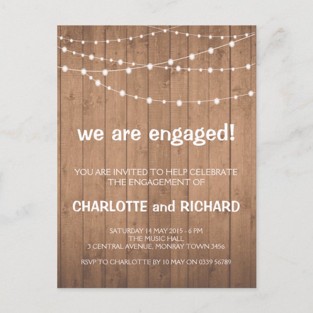 Engagement party invitation wood and string lights postcard (Front)