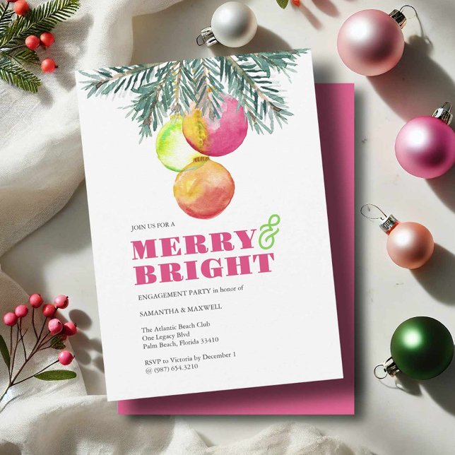 Engagement Party Invitations Christmas (Hand painted wedding invitations Christmas baubles and pine greenery by Victoria Grigaliunas)