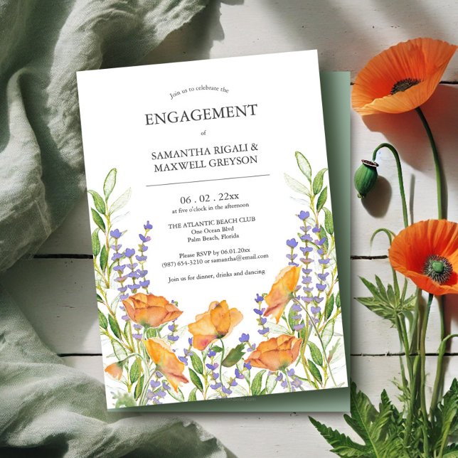 Engagement Party Invitations Floral Watercolor (Engagement invitations watercolor wildflowers art by Victoria Grigaliunas of Do Tell A Belle)