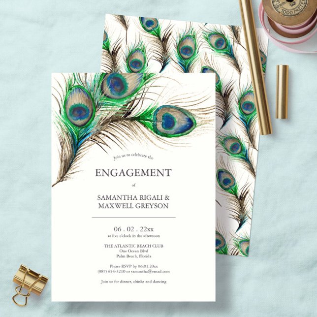Engagement Party Invitations Peacock Feathers (Engagement party invitations feature watercolor peacock feathers art by Victoria Grigaliunas)