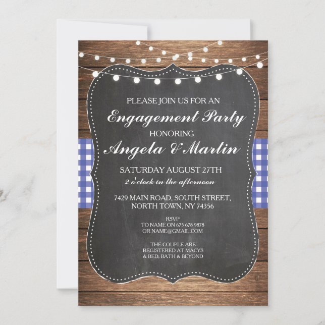 Engagement Party Lights Blue Check Wood Invite (Front)