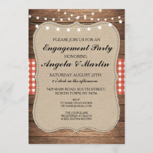 Engagement Party Lights Red Check Wood Invite