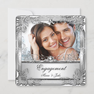 Engagement Party Metallic White Silver Photo Invitation