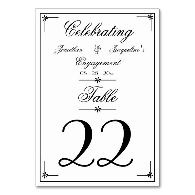 Engagement Party Minimalist Elegant Script Names  Table Number (Back)