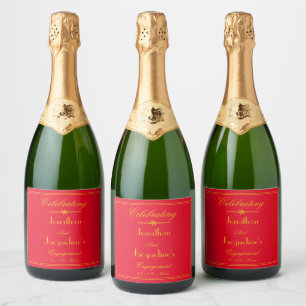 Engagement Party Names Elegant Red Gold Chic Sparkling Wine Label