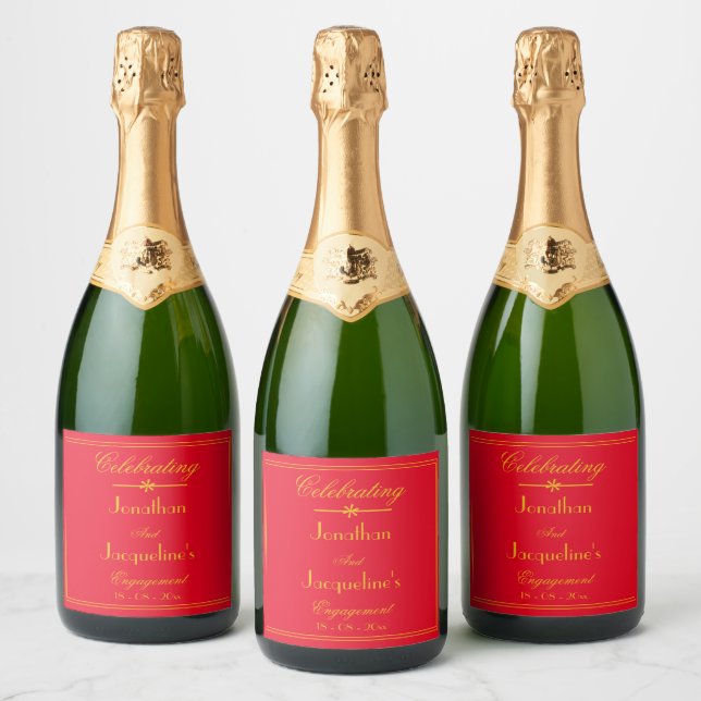 Engagement Party Names Elegant Red Gold Chic Sparkling Wine Label (Bottles)