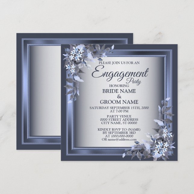 Engagement Party Navy Blue Floral Silver Grey Invitation (Front/Back)
