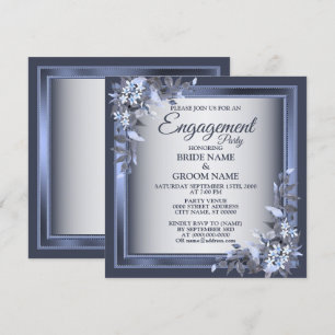 Engagement Party Navy Blue Floral Silver Grey Invitation