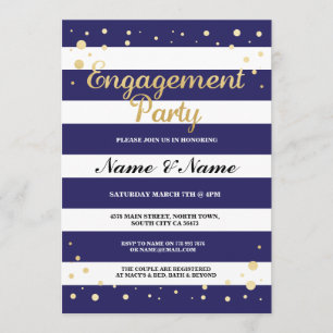 Engagement Party Navy Stripe Gold Glitter Invite