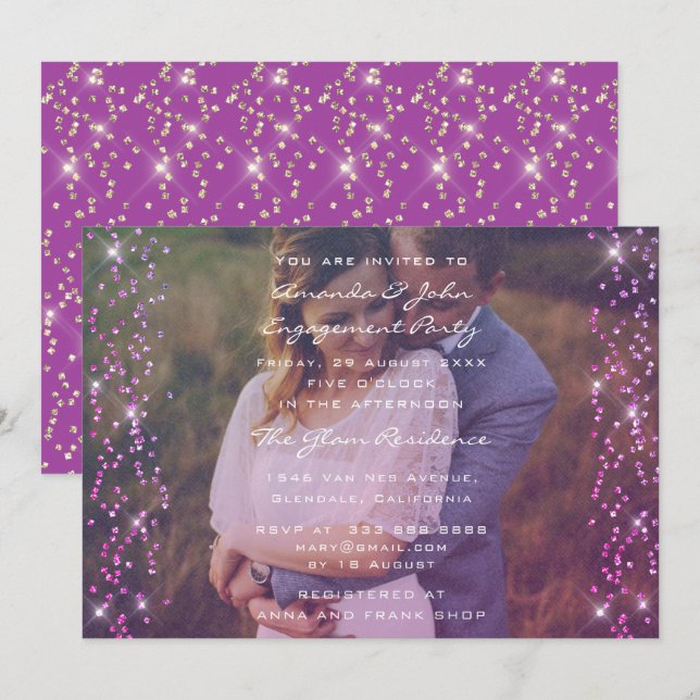 Engagement Party Photo Purple Fuchsia Pink Gold Invitation (Front/Back)