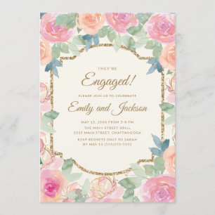 Engagement Party Pink Peach Floral Gold Invitation