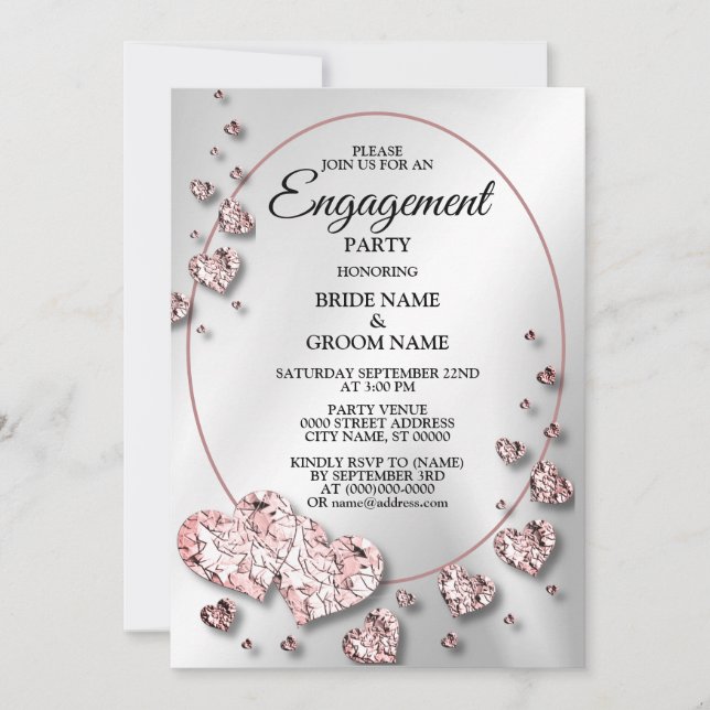 Engagement Party Pink Peach Shiny Hearts Geometric Invitation (Front)