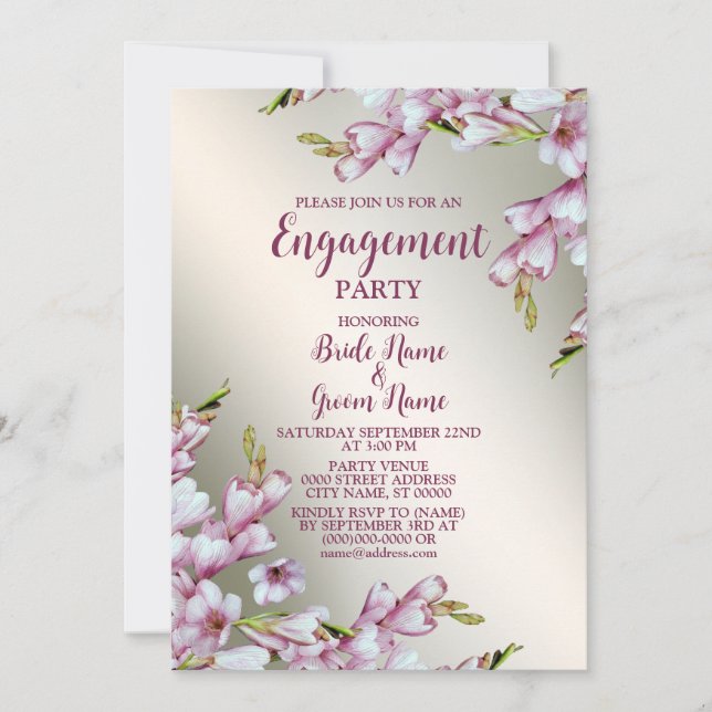 Engagement Party Pink White Floral Golden Rustic Invitation (Front)