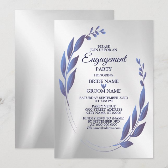 Engagement Party Purple Blue Floral Frame Silver Invitation (Front/Back)