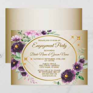 Engagement Party Purple Pink Floral Green Golden Invitation