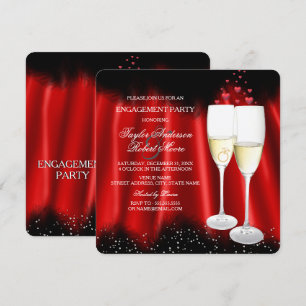 Engagement Party Red Black Champagne Ring Heart Invitation