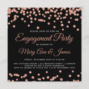 Engagement Party Rose Gold Glitter Confetti Black Invitation