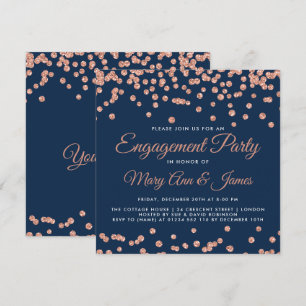 Engagement Party Rose Gold Glitter Confetti Navy Invitation