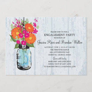 Engagement Party Rustic Mason Jar Gerber Daisies Invitation