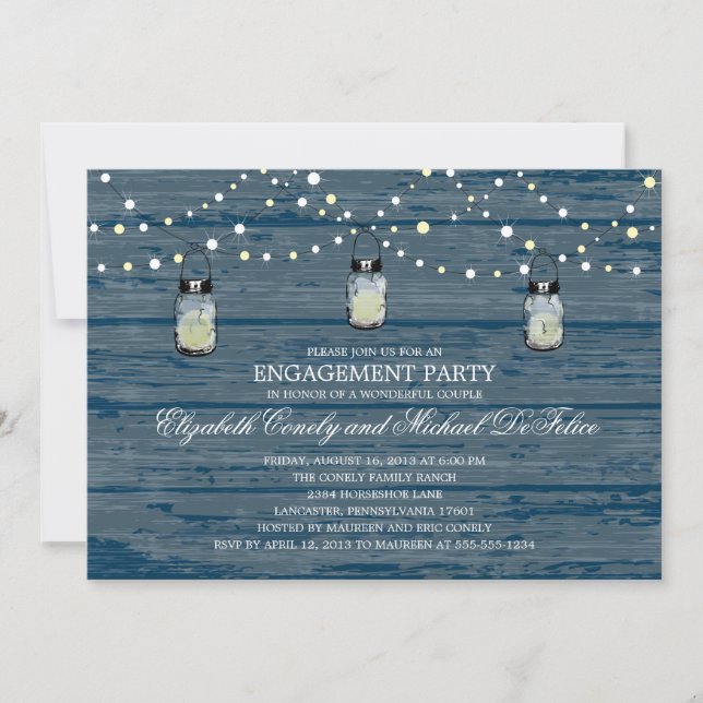 Engagement Party Rustic Wood Mason Jar and Lights Invitation (Front)