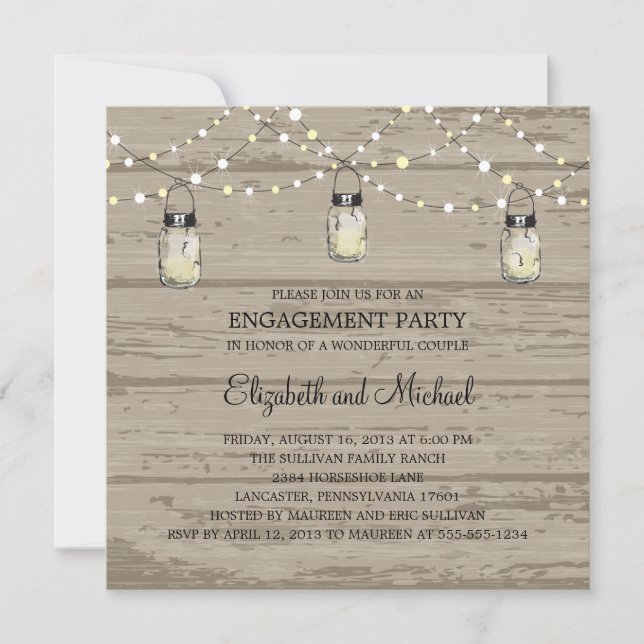 Engagement Party Rustic Wood Mason Jar and Lights Invitation (Front)