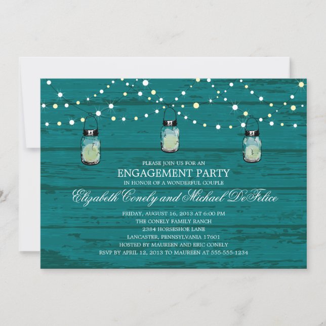 Engagement Party Rustic Wood Mason Jar and Lights Invitation (Front)