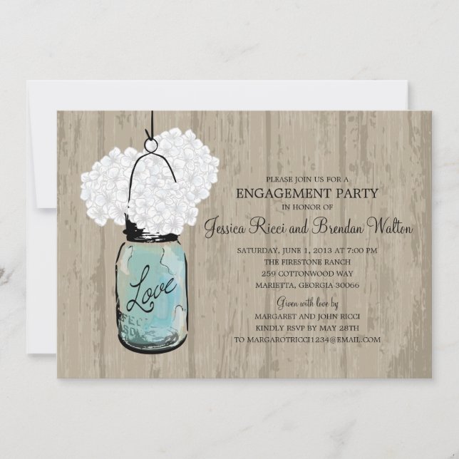 Engagement Party Rustic Wood Mason Jar Hydrangeas Invitation (Front)