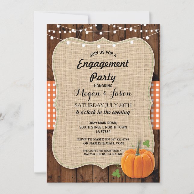Engagement Party Rustic Wood Pumpkin Burlap Fall Invitation (Front)