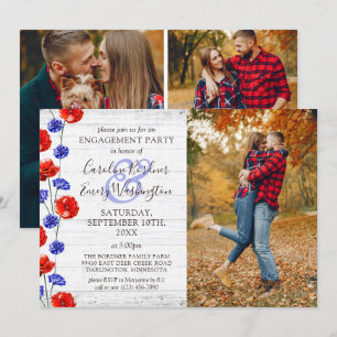 Engagement Party Rustic Wood & Red Poppy 4-Photo Invitation