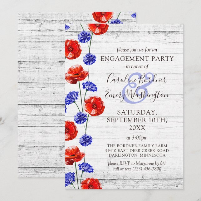 Engagement Party Rustic Wood & Red Poppy Country Invitation (Front/Back)