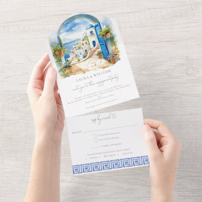 Engagement Party Santorini Greece with Rsvp All In One Invitation (Tearaway)