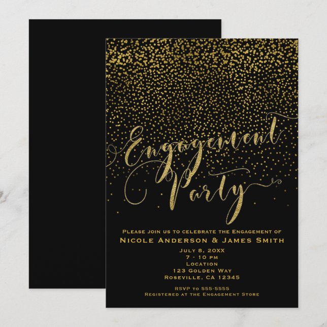 ENGAGEMENT PARTY Shower Black & Gold Confetti Glam Invitation (Front/Back)