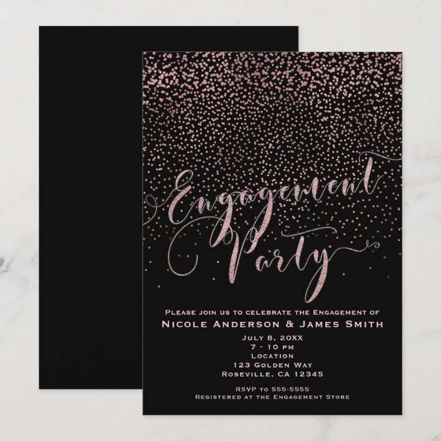 ENGAGEMENT PARTY Shower Black Rose Gold Confetti Invitation (Front/Back)