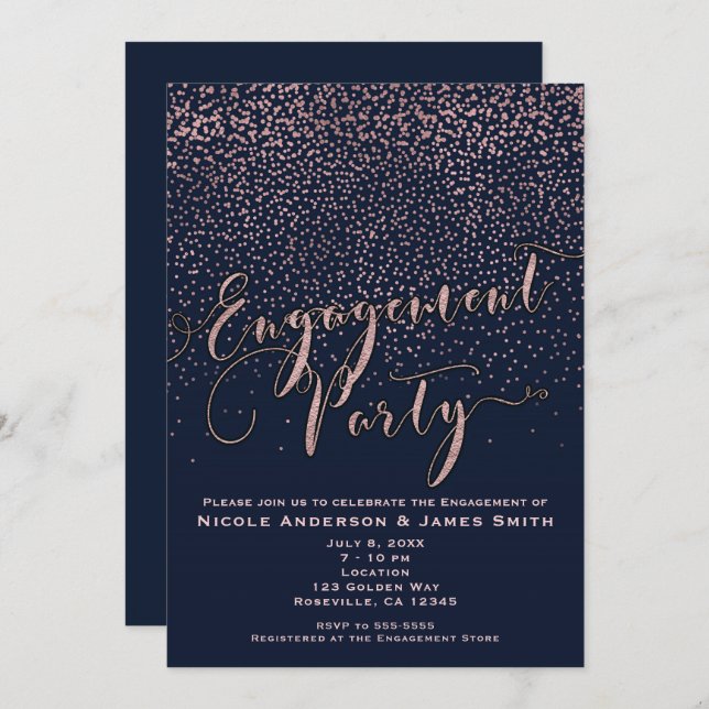 ENGAGEMENT PARTY Shower Blue Rose Gold Confetti Invitation (Front/Back)
