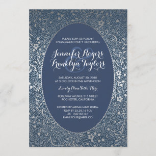 Engagement Party Silver Floral Vintage Navy Invitation