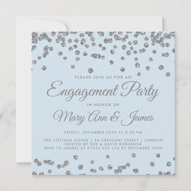 Engagement Party Silver Glitter Confetti Ice Blue Invitation (Front)