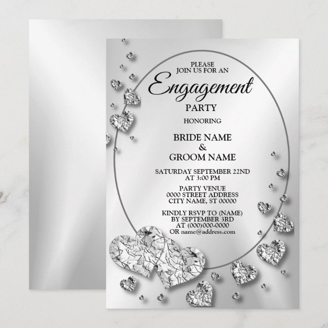 Engagement Party Silver Grey Shiny Hearts Elegant Invitation (Front/Back)