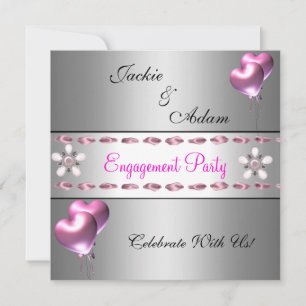 Engagement Party Silver Pink Floral Balloons Invitation