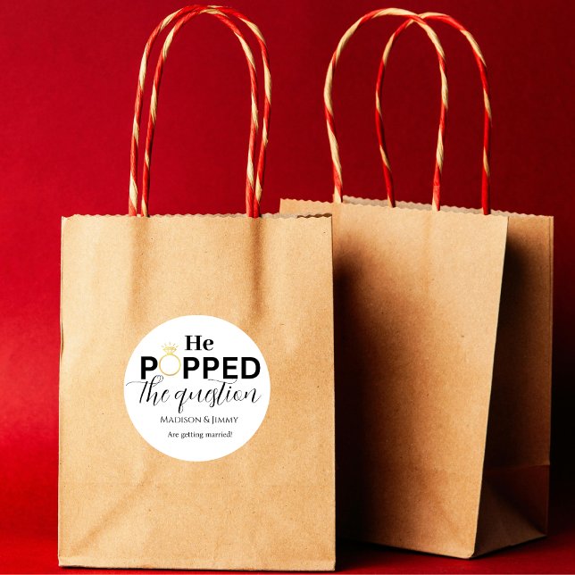 Engagement party sticker, he popped the question classic round sticker (Creator Uploaded)