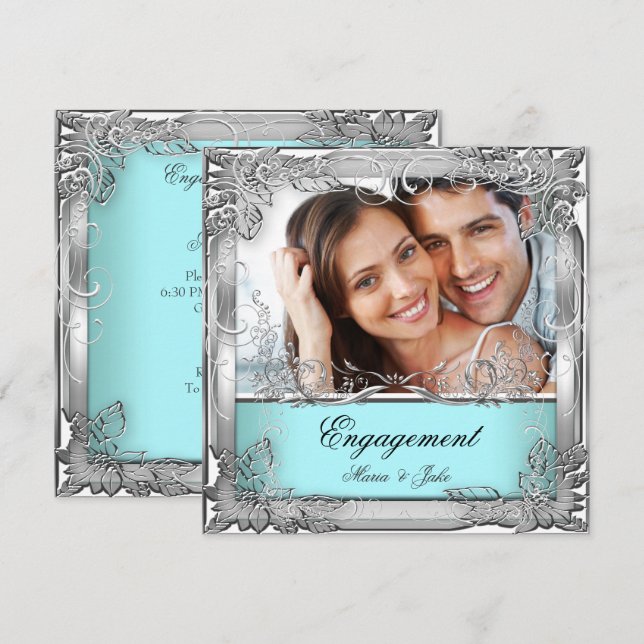 Engagement Party Teal White Silver Photo Invitation (Front/Back)