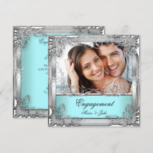 Engagement Party Teal White Silver Photo Invitation