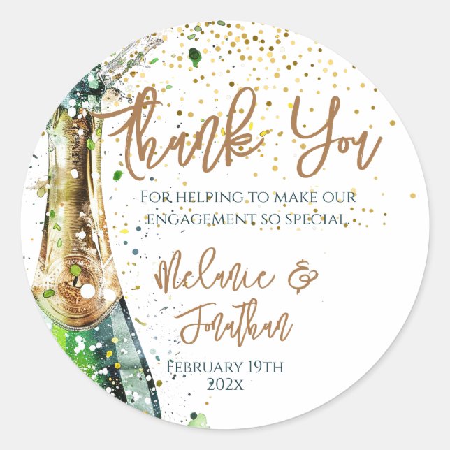 Engagement Party Thank You Bubbly Bottle Classic Round Sticker (Front)