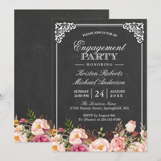 Engagement Party Vintage Pink Floral Chalkboard Invitation (Front/Back)