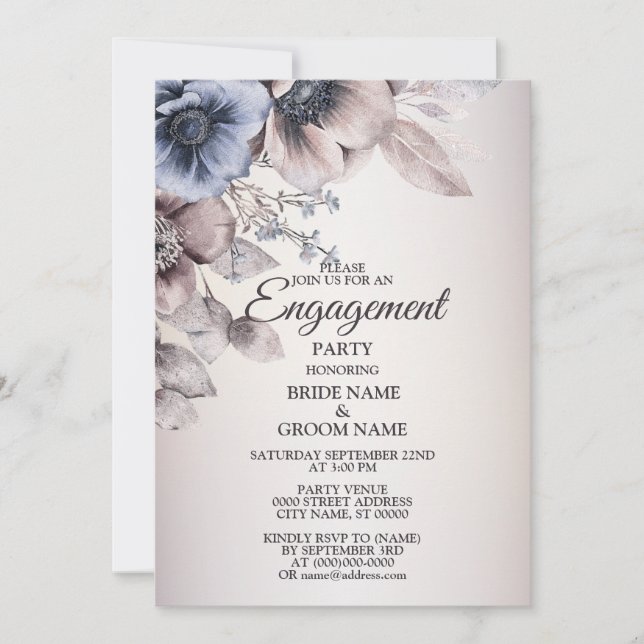 Engagement Party Watercolor Blue Beige Flowers Invitation (Front)